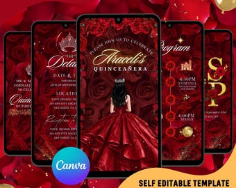 Invitación de video floral roja para quinceañera, invitación animada roja y dorada para quinceañera, invitación digital para el cumpleaños de mis quince años