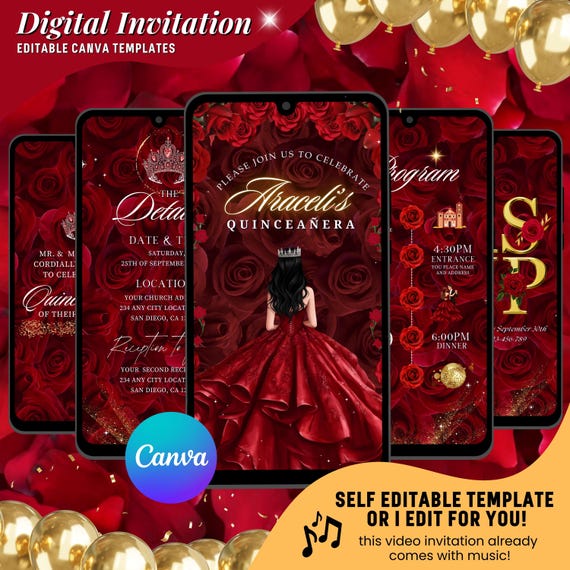 Red Floral Quinceañera Video Invitation, Red and Gold Sweet 15 Birthday Animated Invitation, Mis Quince Anos Birthday Digital Invite