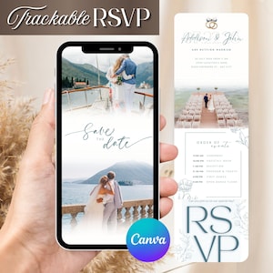 May include: A smartphone showing a wedding invitation design with the text "Save the Date." The design includes images of a couple and event details. The Canva logo is visible at the bottom. The words "Trackable RSVP" are at the top.