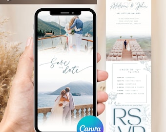Puede incluir: Un teléfono inteligente que muestra un diseño de invitación de boda con el texto "Save the Date". El diseño incluye imágenes de una pareja y detalles del evento. El logotipo de Canva es visible en la parte inferior. Las palabras "Trackable RSVP" están en la parte superior.