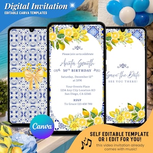 Invitación de video para cumpleaños mediterráneo, invitación para fiesta en la Costa Azul con limones, invitación de cumpleaños en la Costa Azul con tema de limón, invitación italiana con tema de limón en la Costa de Almería.