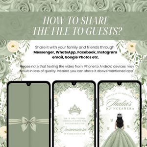 May include: An invitation design for a Quincea&ntilde;era celebration. The image features three smartphones displaying the invitation, with text on how to share the file. The invitation design includes floral elements and a quincea&ntilde;era dress.