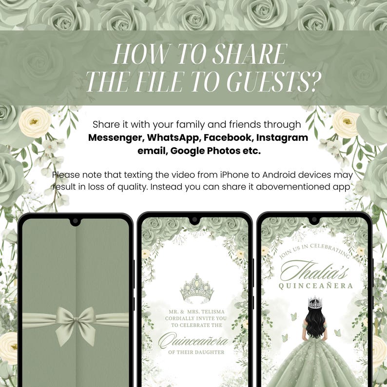 May include: An invitation design for a Quincea&ntilde;era celebration. The image features three smartphones displaying the invitation, with text on how to share the file. The invitation design includes floral elements and a quincea&ntilde;era dress.