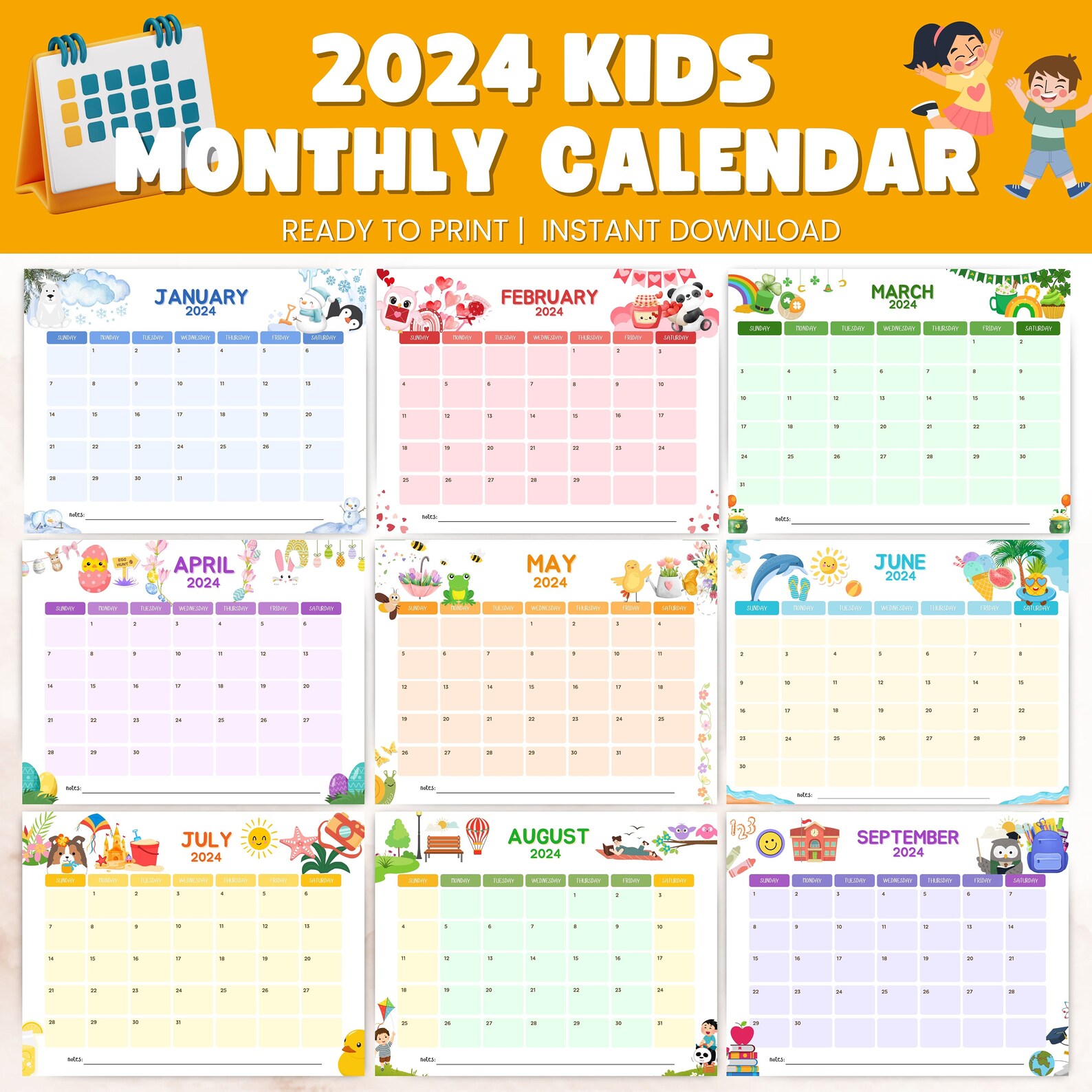 Printable Calendars, Printable Kids Calendars, 2024 Calendars