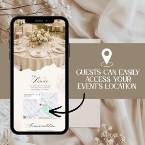 May include: A smartphone displaying a digital wedding invitation with a map and venue details. The screen shows a photo of a table setting, the text The Venue, an address in San Diego, CA, and an Accommodation section. A location pin icon is above the text.