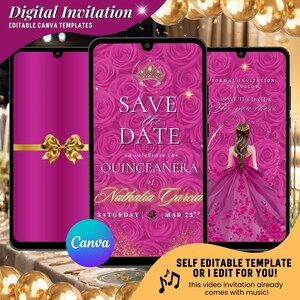 May include: Digital invitation template for a Quinceañera. The design features three smartphones displaying a pink floral background with gold accents. The text reads "Save the Date" and includes the name "Nathalia Garcia".