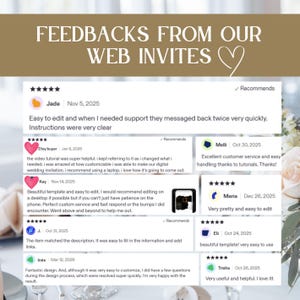 Op de afbeelding: Een screenshot van een webpagina met klantbeoordelingen voor webuitnodigingen. De tekst "FEEDBACKS FROM OUR WEB INVITES" staat bovenaan. Beoordelingen bevatten sterrenbeoordelingen, data en opmerkingen zoals "Makkelijk te bewerken" en "Erg mooi".