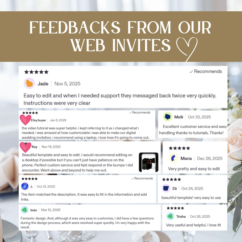 Op de afbeelding: Een screenshot van een webpagina met klantbeoordelingen voor webuitnodigingen. De tekst "FEEDBACKS FROM OUR WEB INVITES" staat bovenaan. Beoordelingen bevatten sterrenbeoordelingen, data en opmerkingen zoals "Makkelijk te bewerken" en "Erg mooi".