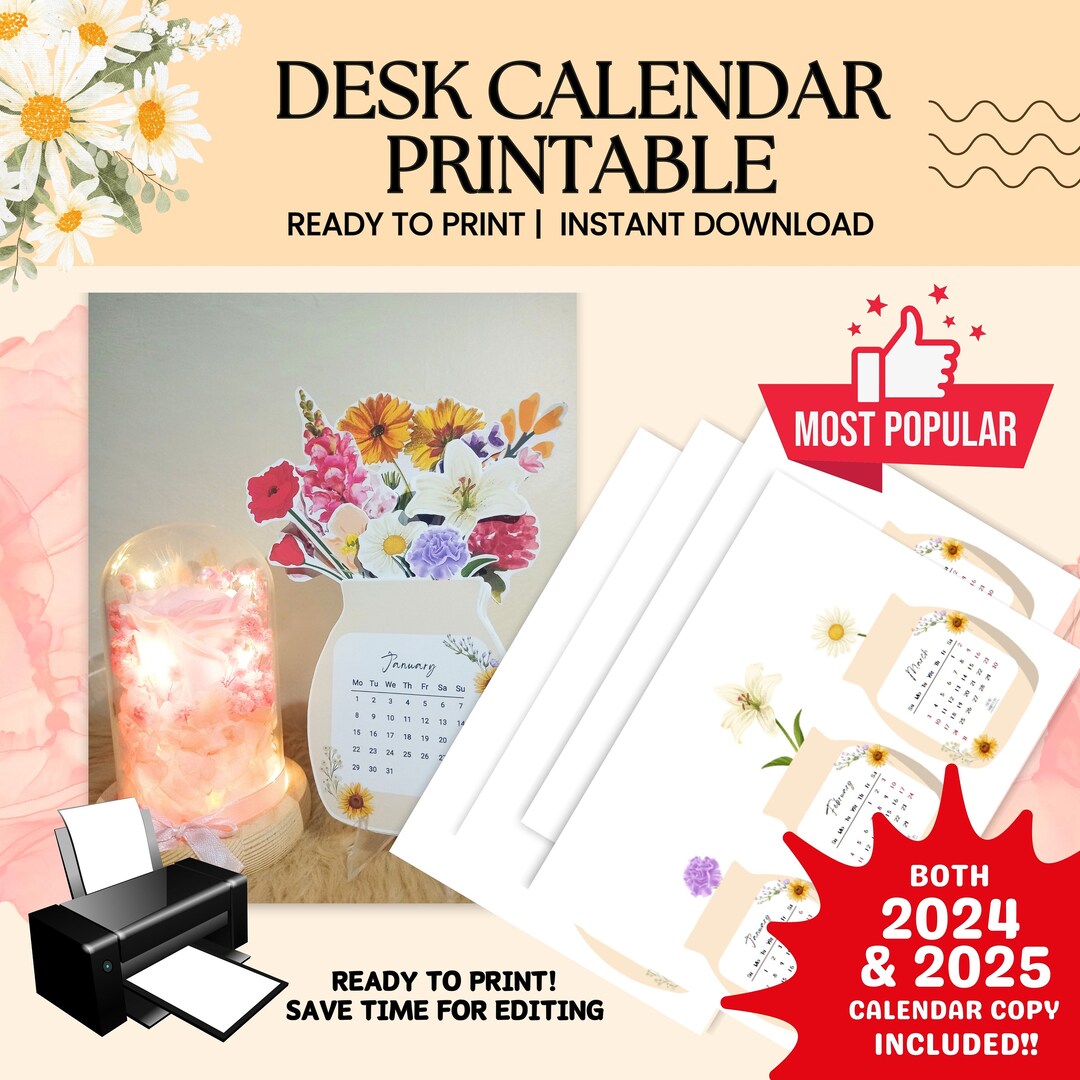 2024 Floral Desk Calendar Printable, Floral Calendar, Mini Desk