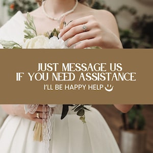 May include: A bride in a white dress holds a bouquet of white flowers. The bride wears a pearl necklace and a diamond ring. The image includes the text: "JUST MESSAGE US IF YOU NEED ASSISTANCE I'LL BE HAPPY HELP".