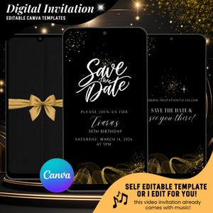 Può includere: Modello di invito digitale su uno schermo nero di smartphone. Il design presenta accenti dorati, un fiocco dorato e il testo "Save the Date" in scrittura bianca. L'invito è per un 50° compleanno.
