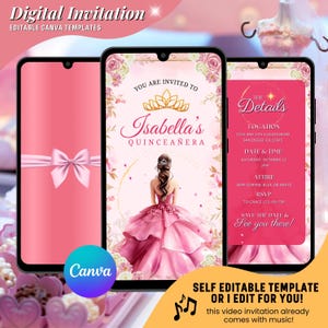 Quinceañera Invitation, Pink Sweet 15 Video Invitation, Digital Mis Quince Anos Birthday Digital Invite, Elegant 15th Birthday EVite
