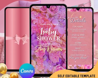 May include: A digital invitation for a baby shower with a pink floral background. The invitation includes the text "Please join us for a Baby Shower in honor of Zhey Williams". The details section includes the location, date, time, attire, and RSVP information. The text "Save the date & See you there!" is also included.