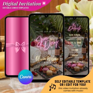 May include: Digital invitation template for a spa day, featuring a pink bow, spa day details, and a Canva logo. The invitation includes text for location, date, time, attire, and RSVP information. The invitation is for Olivia Wilson's 35th birthday.