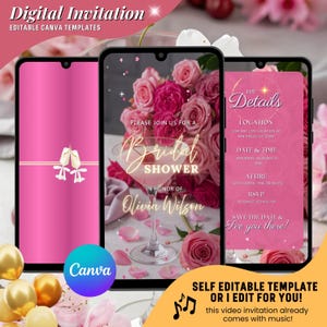 Bridal Wedding Shower Video Invitation, Pink Floral Bridal Shower Animated Invites, Elegant Bachelorette Bach Party, Bridal Shower Evite