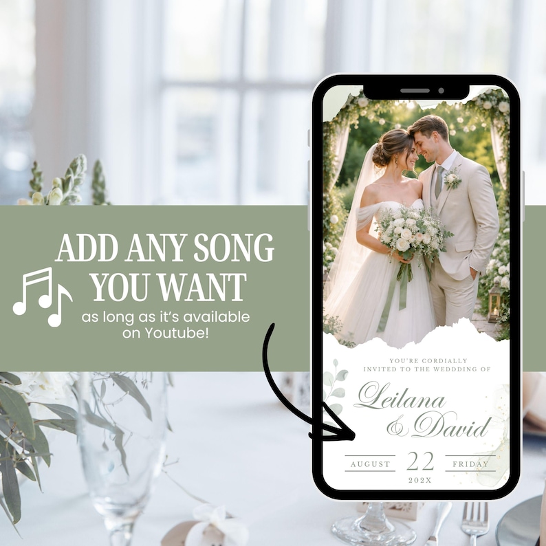 Pu&ograve; includere: Uno smartphone mostra un invito di nozze con la foto di una coppia. L'invito recita "Leilana & David" con la data 22 agosto 202X. La sovrapposizione di testo dice "Aggiungi qualsiasi canzone tu voglia, purch&eacute; sia disponibile su Youtube!"