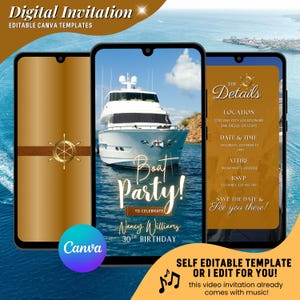 Invitation vidéo d'anniversaire de bateau, invitations animées à une fête bateau, yacht party modifiable, invitation électronique de luxe pour fête d'anniversaire d'hommes, carte d'invitation nautique
