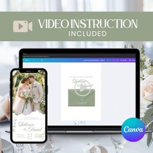Pu&ograve; includere: Uno smartphone e un laptop mostrano un design di invito a nozze. Il telefono mostra la foto di una coppia, mentre il laptop mostra un invito video. Il testo "VIDEO INSTRUCTION INCLUDED" &egrave; in alto. Il logo Canva &egrave; visibile.