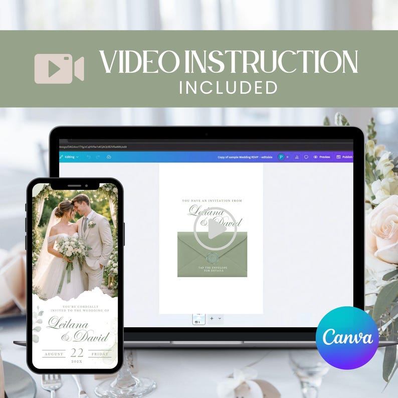 Pu&ograve; includere: Uno smartphone e un laptop mostrano un design di invito a nozze. Il telefono mostra la foto di una coppia, mentre il laptop mostra un invito video. Il testo "VIDEO INSTRUCTION INCLUDED" &egrave; in alto. Il logo Canva &egrave; visibile.