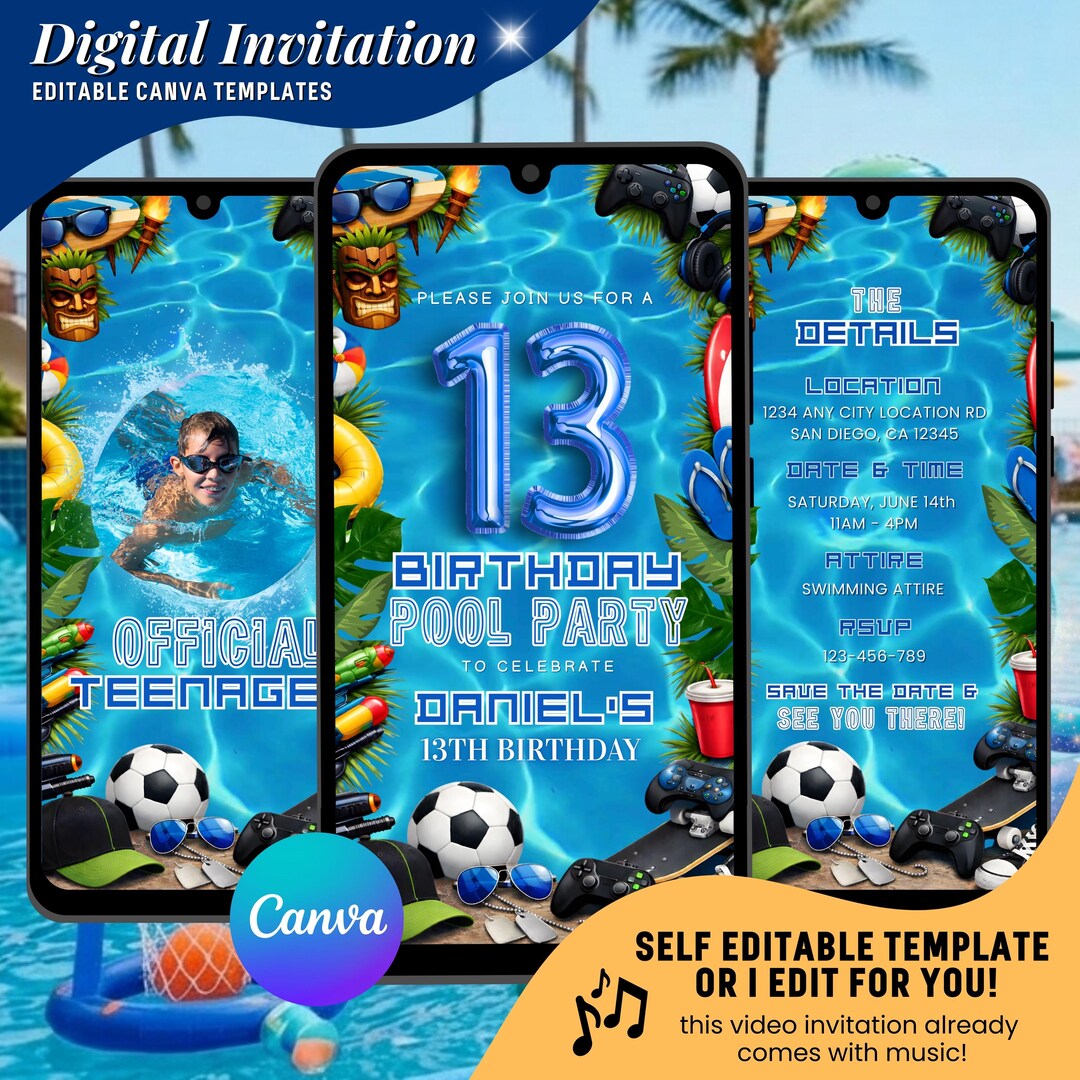 13th Birthday Pool Party Invitation for Teens, Blue Theme Summer ...