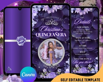 Floral Quinceañera Video Invitation, Silver Purple Quince Evites : Editable Canva Template