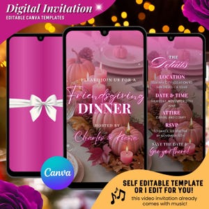 Könnte beinhalten: Digitale Einladungsvorlage für ein Friendsgiving-Dinner, angezeigt auf drei Smartphones. Das Design zeigt rosa Kürbisse, Kerzen und Herbstlaub. Der Text enthält Eventdetails, RSVP-Informationen und das Canva-Logo.