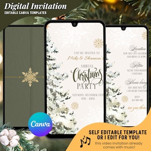 Peut inclure: Modèle d'invitation numérique pour une fête de Noël sur un écran de smartphone. L'invitation comprend le texte "Annual Christmas Party" et les détails de l'événement. Le design présente un thème hivernal avec des flocons de neige et un sapin de Noël.