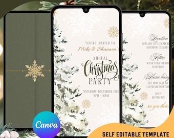 May include: Digital Christmas party invitation template on a smartphone screen. The invitation includes the text "Annual Christmas Party" and event details. The design features a winter theme with snowflakes and a Christmas tree.