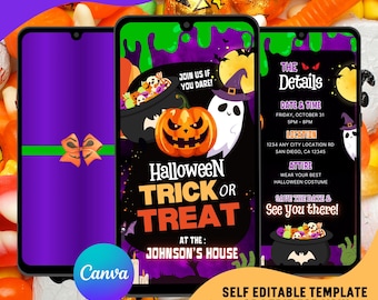 Trick or Treat Halloween Video Invitation, Editable Canva Template
