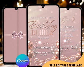 Rose Gold Birthday Video Invitation, Dinner Party Editable Digital Invites : Instant Download