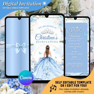 Hellblaue Quinceaña-Einladung, Sweet 15 Video-Einladung, digitale Mis Quince Anos Geburtstags-Digital-Einladung, elegante 15.Geburtstags-Einladung