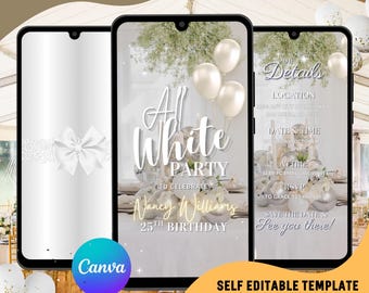 All White Party Video Invitation, Birthday Dinner, Editable Template