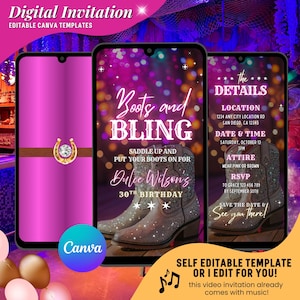 Boots and Bling Birthday Video Invitation, Boots Cowgirl Party Invites, Western Birthday Party Evites, Editable Pink Rodeo Party Invitation