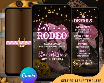 Rodeo videoverjaardagsuitnodiging, cowgirllaarzen, roze Evite (digitale download)