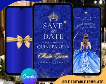 May include: Digital invitation template for a Quinceañera, featuring a royal blue color scheme with floral and gold accents. The design includes the text "Save the Date" and "Quinceañera of Thalia Garcia". The invitation is available as an editable Canva template.