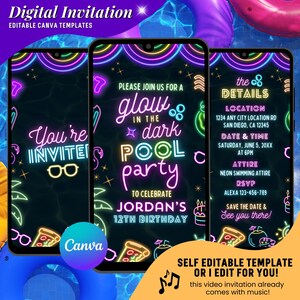 May include: Digital invitation template for a glow-in-the-dark pool party, displayed on three smartphones. The design features neon text and graphics, including the party details, date, time, and RSVP information. The Canva logo is visible.