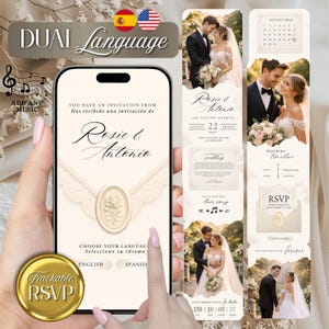 May include: A digital wedding invitation displayed on a smartphone screen featuring a cream-colored envelope with a rose wax seal, text in English and Spanish, and a vertical layout showing photos of a couple, a calendar, and a wedding timeline.