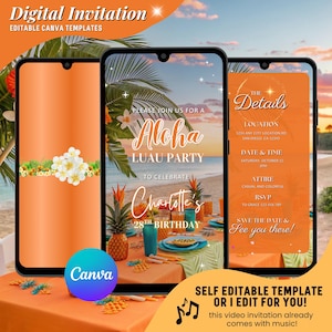 Invitation vidéo numérique Aloha Luau, invitation animée fête d'anniversaire tropicale, invitation à une fête en plein air modifiable, invitation électronique vidéo fête Tiki
