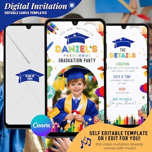 May include: Digital invitation template for a preschool graduation party. The design features a child in a graduation cap and gown, with text that reads "Daniel's Preschool Graduation Party." The invitation includes details like date, time, and RSVP information.