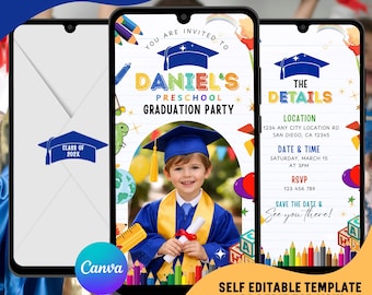 Blue Preschool Graduation Video Invitation, Pre-K Grad Digital Invites, Kids Editable Template : Instant Download