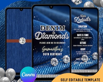 Video-verjaardagsuitnodiging denim en diamanten: chique cowgirl-feestuitnodiging (canvasjabloon)