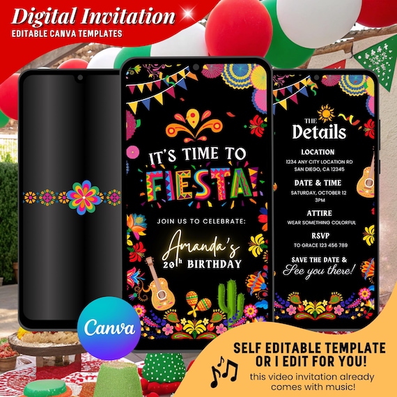Fiesta Birthday Video Invitation, Let's Fiesta Birthday Invite, Mexican Papel Picado Birthday Evite, Colorful Floral Fiesta Editable Invites