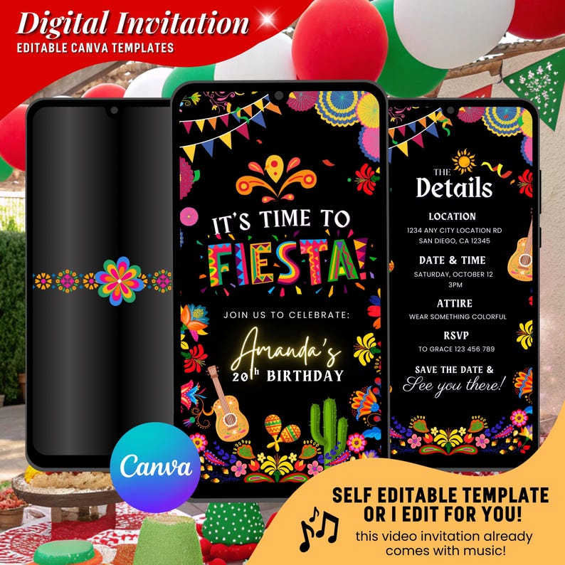 Puede incluir: Plantilla de invitaci&oacute;n digital con fondo negro, con texto colorido "Fiesta" y detalles para una celebraci&oacute;n de 20 cumplea&ntilde;os. Incluye un logotipo de Canva y el texto "&iexcl;Plantilla autoeditable o la edito por ti!"