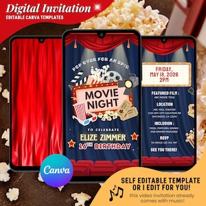 Movie Night Birthday Digital Video Invitation, Outside Cinema Birthday Theme Party, Movie Night for Kids E-vite, Editable Canva Template