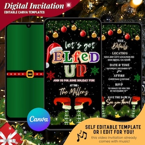 May include: Digital invitation template with a festive Christmas theme. The design features a black background with red and gold ornaments, green garland, and the text "Let's Get Elfed Up." Includes event details and RSVP information. The template is self-editable.