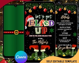 Elfed Up Christmas Party Video Invitation, Fun Holiday Evites (Editable Canva Template)