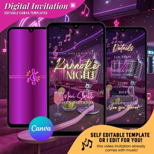 May include: Digital invitation template for a karaoke night, featuring a pink and purple color scheme. The design includes a microphone, musical notes, and event details. The text reads "Karaoke Night" and "Mari Smith 25th Birthday".
