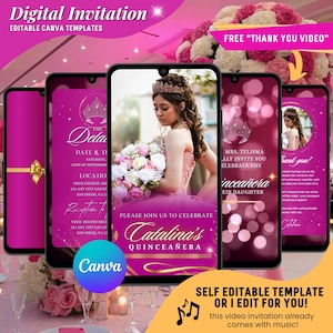 Quinceañera Video Invitation, Pink Sweet 15 Animated Invitation, Mis Quince Anos Birthday Digital Invite, Elegant 15th Birthday EVite