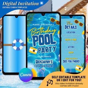 Könnte beinhalten: Digitale Einladungsvorlage für eine Poolparty-Geburtstagsfeier. Das Design zeigt drei Smartphones, die die Einladung mit Pool-Grafiken, Text und Details anzeigen. Die Einladung enthält den Text "Birthday Pool Party" und "Benjamin's 13th Birthday".