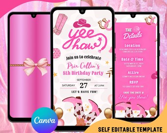 Invitación de cumpleaños de vaquera rosa, fiesta disco de rodeo retro (invitaciones digitales)